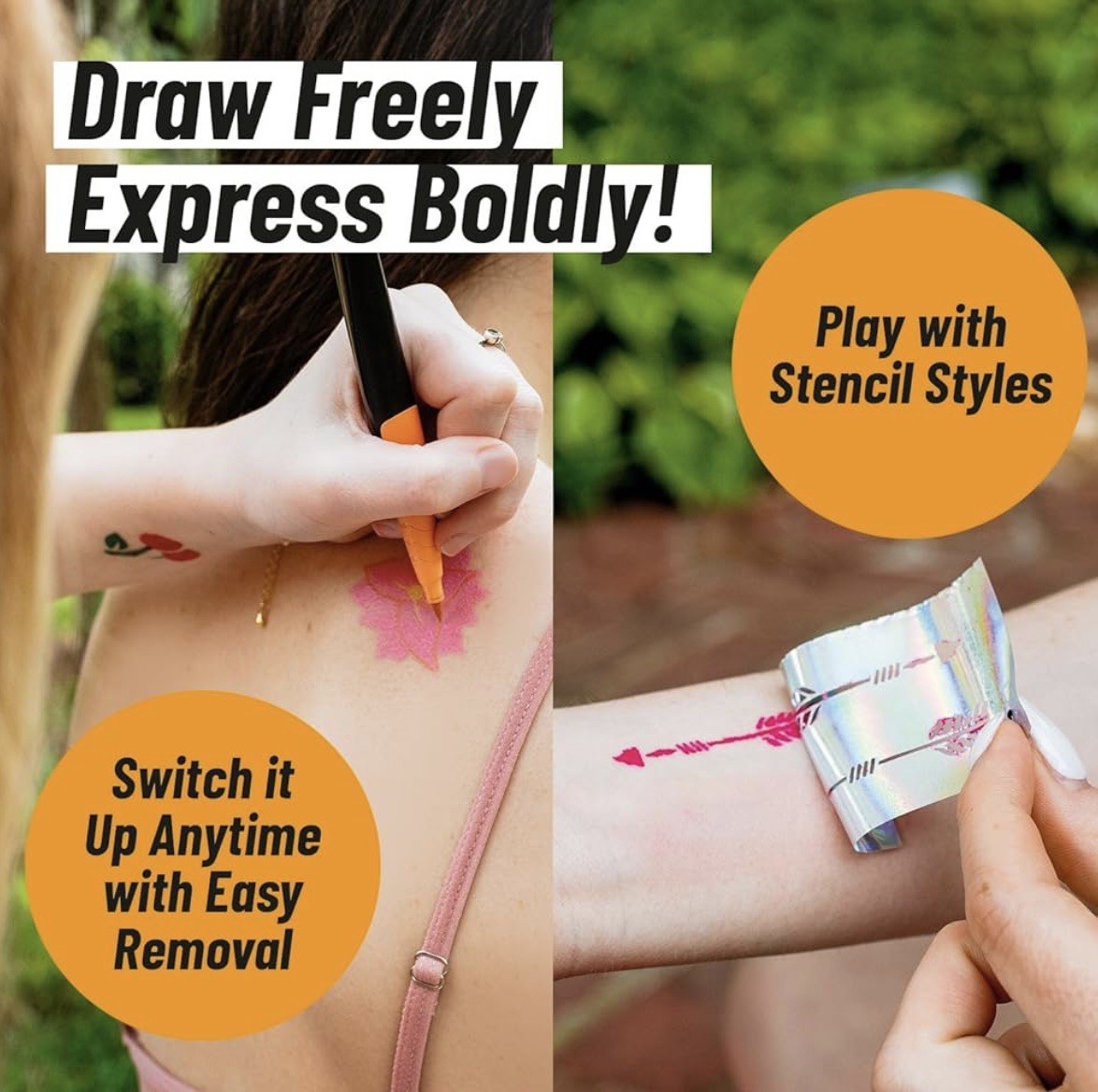 BIC BodyMark Washable Temporary Tattoo 8 Markers +3 Stencil Sheets Skin Safe*