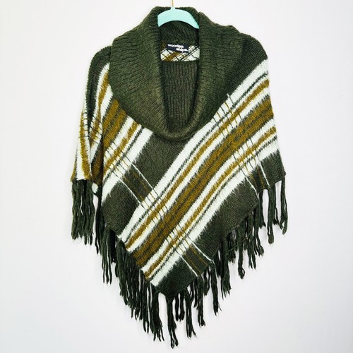 Poncho misto lana mohair navi in legno taglia S/M collo cappuccio frange righe verdi
