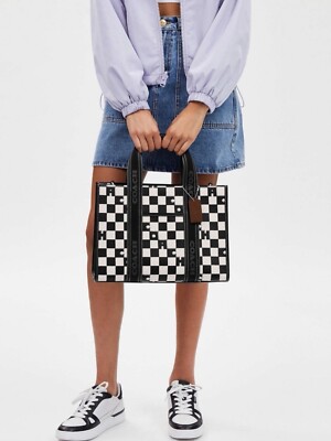 NWT Coach Smith Tote With Checkerboard Print Silver/Black/Chalk