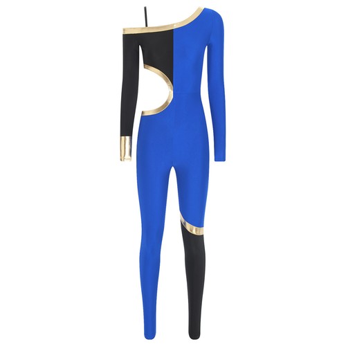 Women Bodysuit Roller Leotard Jazz Jumpsuit Color Block One Shoulder Rhythmic - Picture 5 of 37