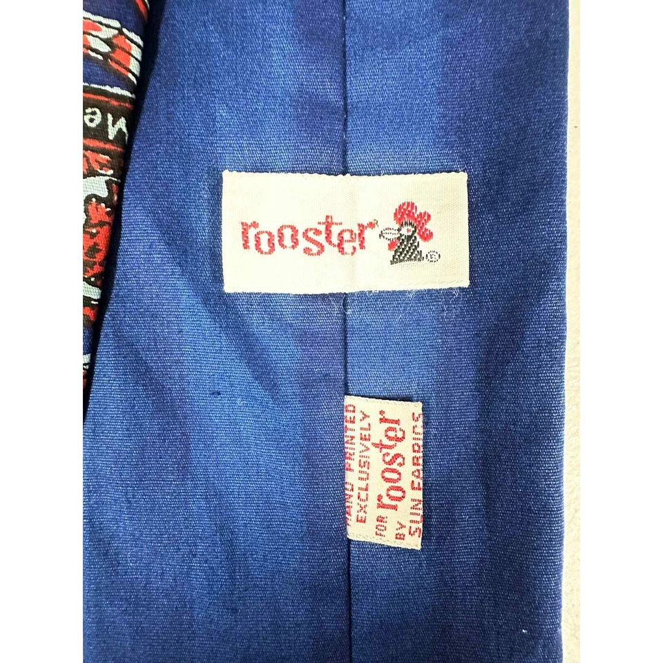 RETRO VTG Hand Printed Rooster Sun Fabrics Blue Medicine Doctors Necktie - Image 3 of 4