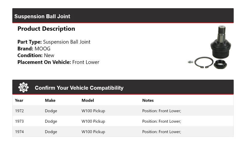 Para Dodge W100 1972-1974 camioneta suspensión rótula delantera inferior MOOG 1972 1973 Foto 2 de 4