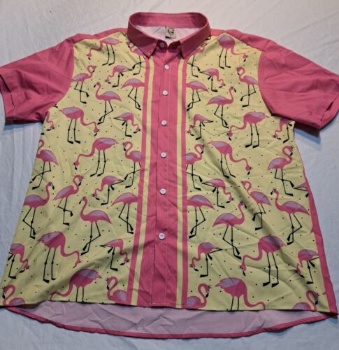  Hardaddy Flamingo  XL Shirt Short Sleeve Bowling Vacation   Pink Yellow Beach - Afbeelding 1 van 8