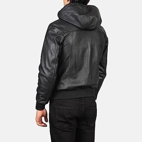 Men's Genuine Lambskin Black Biker Hooded Slim Fit Bomber Leather Jacket - Picture 4 of 8