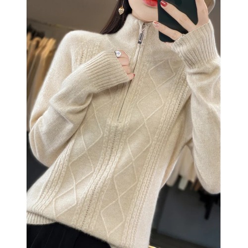 Damen 100% Merinowolle Pullover Reißverschluss offener Ausschnitt Pulli Herbst Winter Strick Tops - Bild 25 von 29