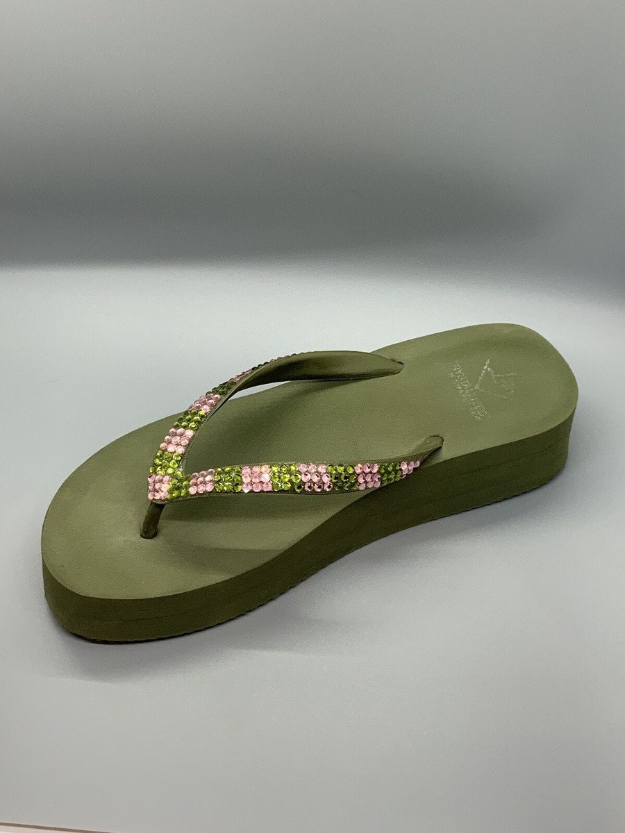 Lady Lanell's Classic Collection Swarovski Green Pink Flip Flops