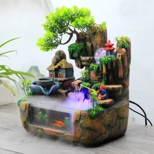 Indoor Water Fountain With Led & Mist Resin Rockery Waterfall Home Art Decor