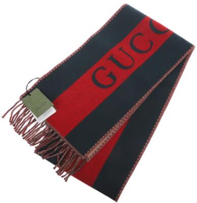 NEW GUCCI GREEN & RED WEB JACQUARD WOOL REVERSIBLE LOGO SCARF WRAP