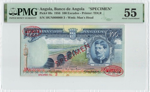 ANGOLA 100 Escudos 1956, P-89s, TDLR SPECIMEN, PMG 55 About UNC, Mount Remnants