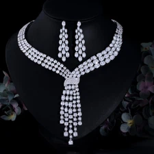 Luxurious Silver Plated CZ Round Tennis Wedding Necklace Earrings Jewelry Set