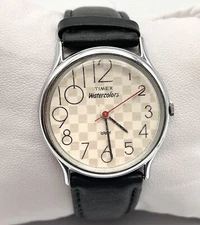 Vintage Timex M Cell Watercolors Silver Tone Checkers Dial Mens Quartz Watch