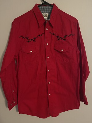 Express Rider Red Barbed Wire L/S Pearl Snap Western Cowboy Shirt - Men's Medium