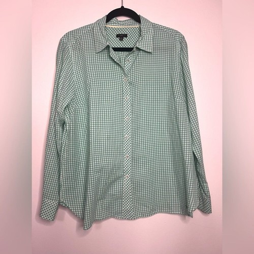 Talbots Petites Women’s Button-Up Shirt XL Petite Green Gingham 100% Cotton