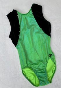 GK-ELITE-Leotard-GYMNASTICS-Bodysuit-GREEN-Leo-SWAROVSKI-Rhinestone-BLING-Sz-AS
