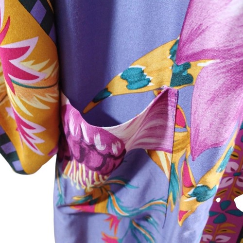 VTG Tropical Floral Kimono Robe L Lounge Boho Wrap Purple Magenta Maxi Duster - Picture 9 of 11
