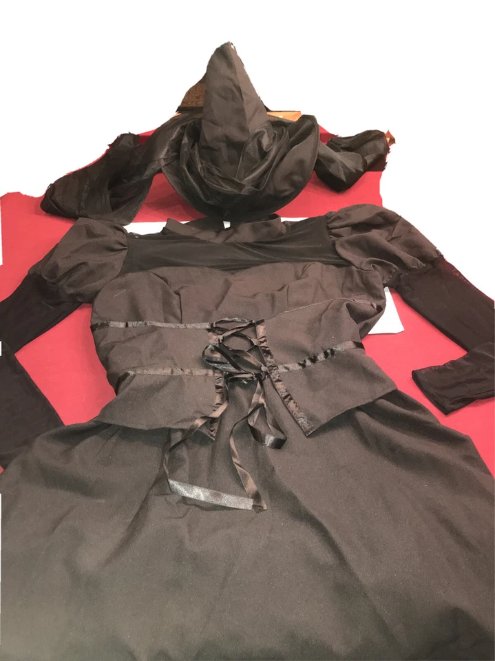 Plus Size 16-22 Classic BLACK Witch Costume Puff long Sleeve Lace Up Dress, Hat - Image 2 of 4
