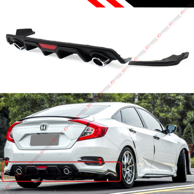 For 2016-21 Civic 4dr Sedan LED Brake Light Bumper Diffuser+ 2 Side Apron Spats 
