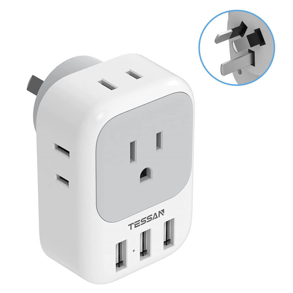 Australia Power Plug Adapter with 4 American Outlet 3 USB for US to New Zealand