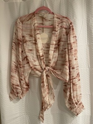 Saints & Hearts Beige dk Rose, pink Abstract Tie Front Balloon Sleeve Blouse 1XL