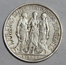 1905 Danish West Indies Twenty 20 Cents Better Type -5349-