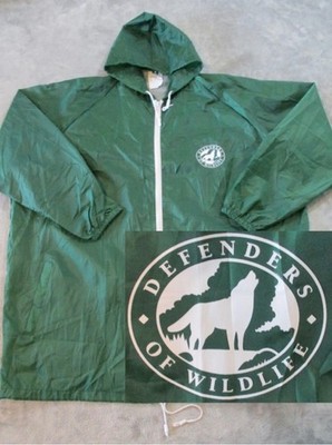 Defenders of Wildlife Jacket Mens XXL Green White Nylon Windbreaker Parka Hooded