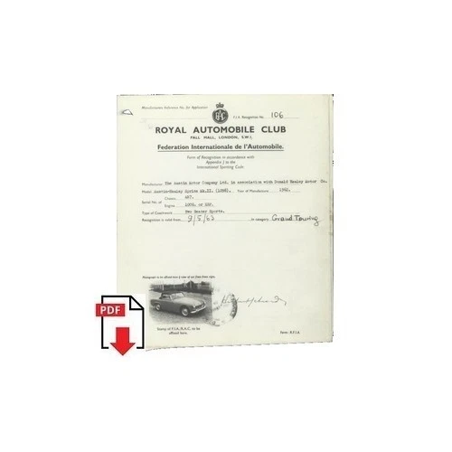 1963 Austin Healey Sprite Mk II Form of Recognition R.A.C. (Homologation sheet) - Photo 1/1