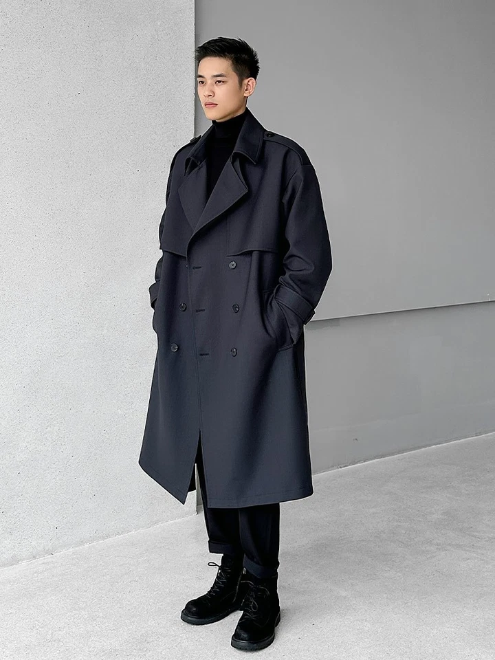Original British Long Windbreaker Men Coat Autumn Double-breasted Loose Overcoat - Image 2 of 4