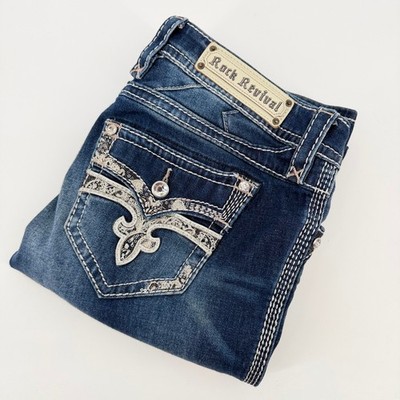 Rock Revival Brisia Bootcut Jeans Womens 30(32X33) Embellished Fleur De Lis READ