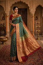 Teal Green Banarasi Silk Saree, Gold Zari Woven Motifs, Red Border, Wedding Part