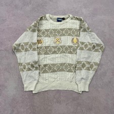 Vintage Knitted Jumper embroidered sports cable knit patterned sweater Men's M