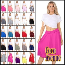 Ladies Flared Skater Skirt Plain Knee Length Elasticated Waist Swing Midi Skirts