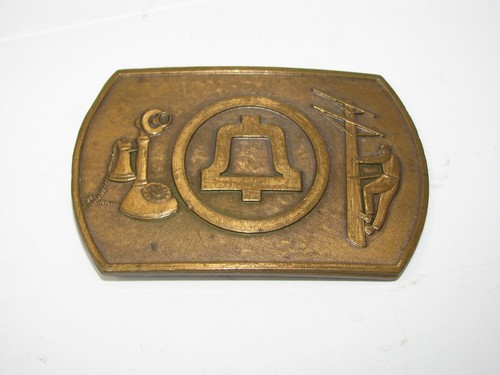 vintage BELL belt buckle TELEPHONE western LINEMAN copper BRASS cowboy - Picture 2 of 3