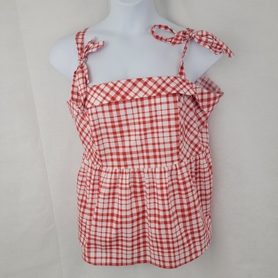 TORRID Womens Top Sz PLUS 1 Poplin Peplum Tie Strap Top RED Plaid Picnic Cottage
