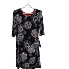 Robbie Bee Sheath Dress Women XL Black Floral Medallion Faux Wrap Excellent