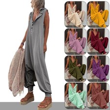 Women Sleeveless Hooded Romper Button Solid Playsuit Loose Jumpsuit Pants