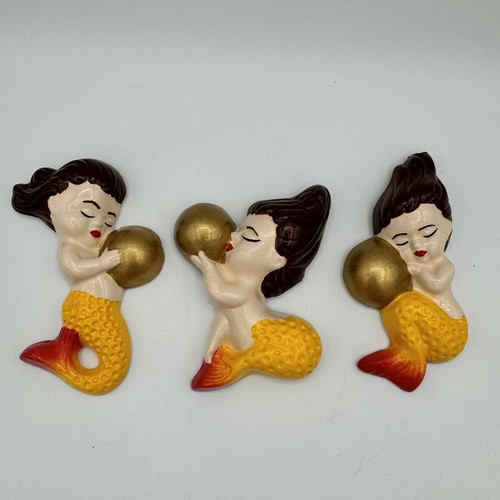 Mermaid BABIES Chalkware Kitsch Wall Plaque Kitschy Set Of 3 VTG Style