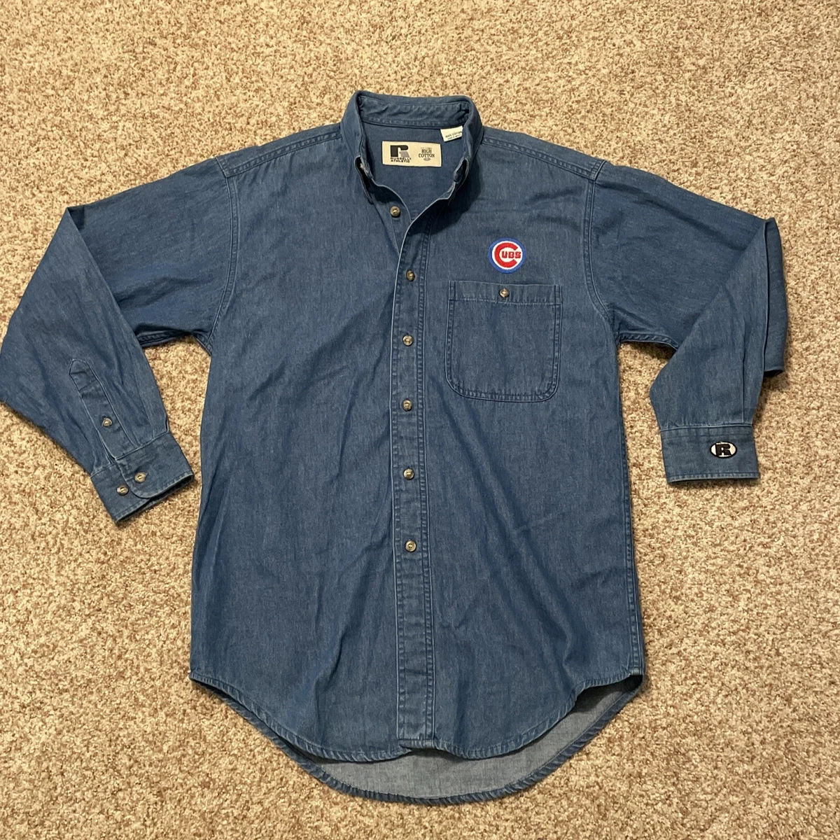 VTG Russell Athletic Chicago Cubs Denim Button Up Shirt Mens Sz