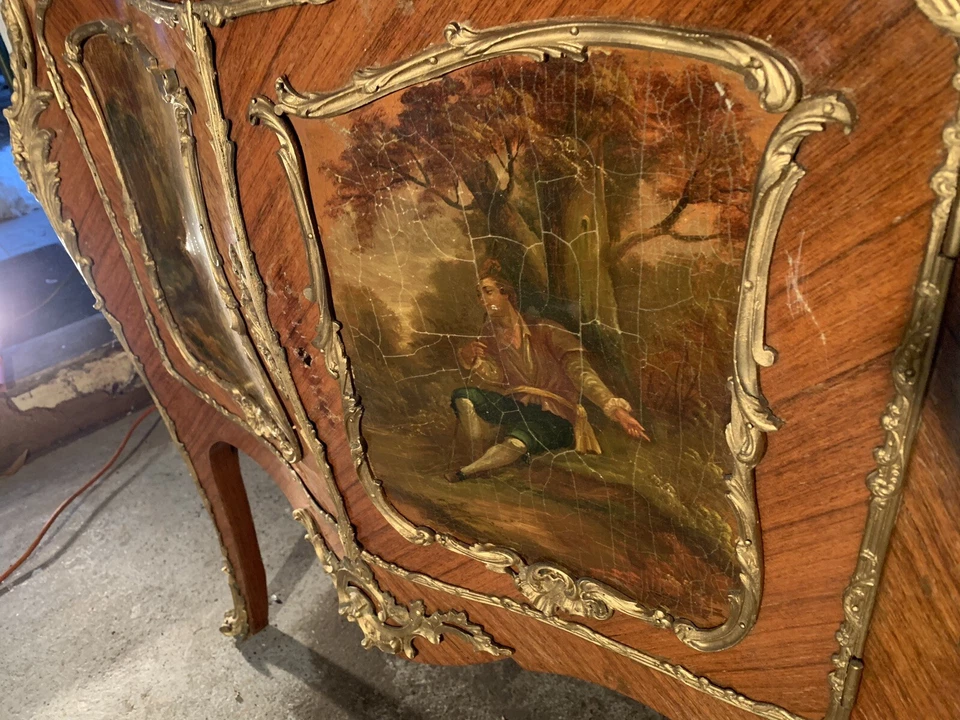Cómoda antigua francesa pintada a mano Vernis Martin Kingwood bronce dorado mármol Foto 4 de 4