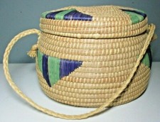 Large Hand Woven BASKET/TOTE with Attached Lid and Strap