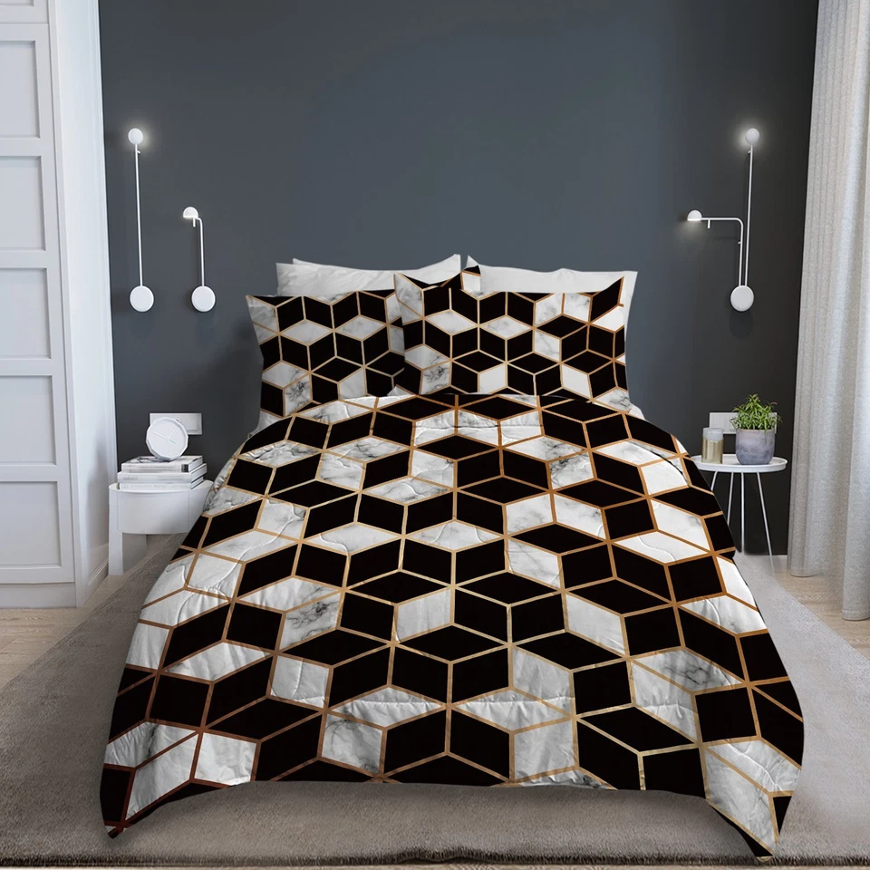 Black White Gold 3Pcs Comforter Geometric Cube Bedding Set Reversible Queen Size - Image 3 of 4