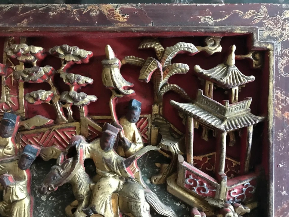 Antique Chinese Carved Red Gilt Painted Wood Panel 15 1/8" X 9 1/2" - Image 3 of 4