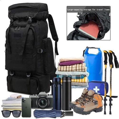 Grand Sac à dos 80L style militaire tactique Camping Randonnée Trekking Noir - Imagen 3 de 5
