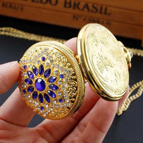 Gold Luxury Pocket Watch Ruby chain Full Hunter Quartz Gift Antique Fob Watches - Picture 5 of 12