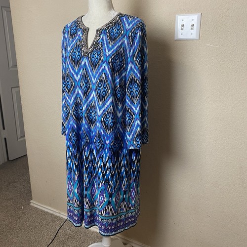 CHICO's Sz 3 Or 16 Lexi Dress Blue Embellished Border Geometric Beaded Stretchy - Picture 4 of 9