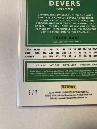 2020 Donruss Optic Rafael Devers #163 6/7 GREEN Cracked Ice SSP RED Sox - Picture 5 of 6