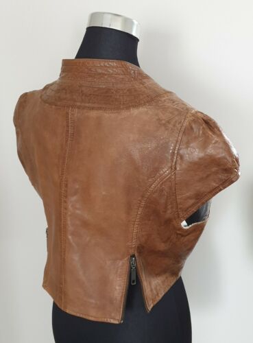 Vintage Genuine Leather Tan Women's Crop Vest Zip Front Cap Sleeve EUC Auluna 42 - Picture 15 of 22