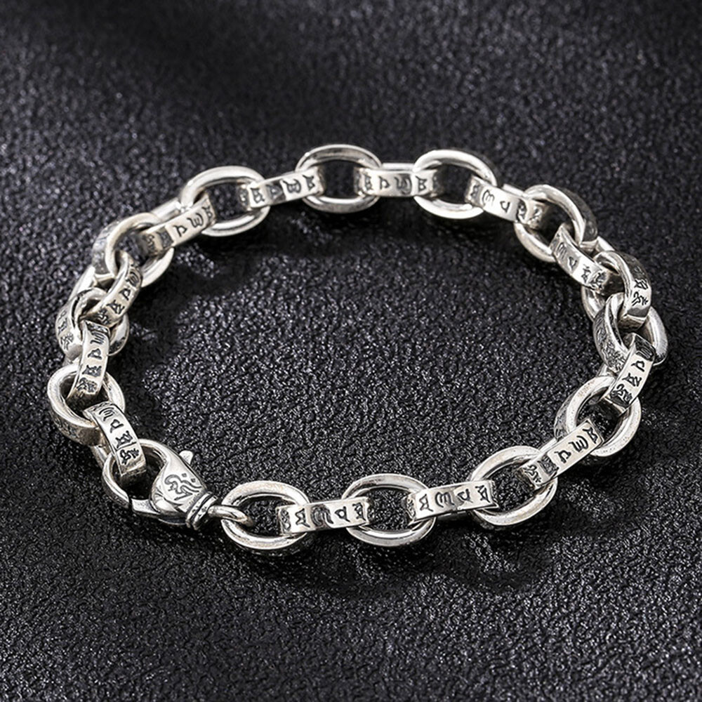 Pure S925 Sterling Silver Chain Six Words Oval O Link Bracelet 38