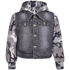 Kids Boys Denim Jacket Camo Charcoal Fleece Sleeves Hooded Jacket Age 3-13 Years