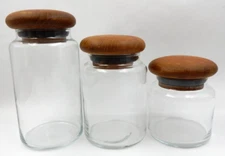VINTAGE GOODWOOD GLASS 3 PIECE SOLID TEAK LIDDED JAR SET ~ MADE IN THAILAND