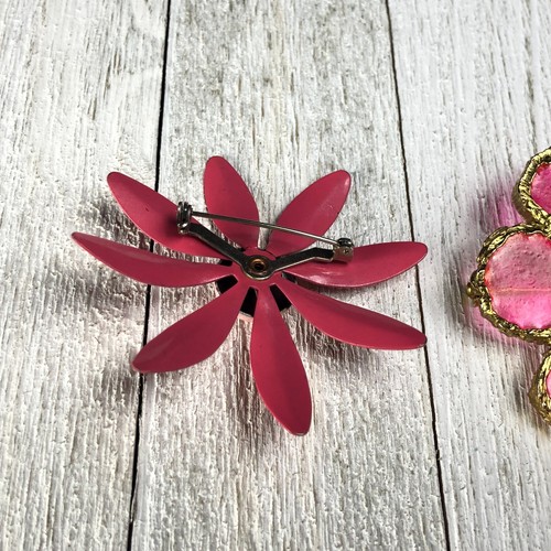Funky Chunky Vintage Brooch Lot PINK Enamel Flower Stone Stretchy Bracelet Bold - Picture 10 of 11